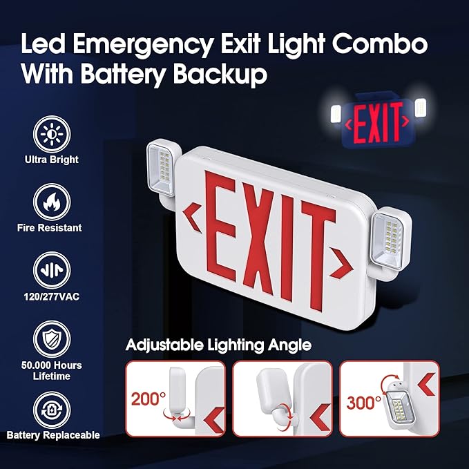 Led Combo Emergency Exit Sign Light with Two Adjustable Head Lights and Backup Battery Exit Light,US Standard Red Letter Commercial Emergency Exit Lighting,UL 924,AC120/277V (4Pack)