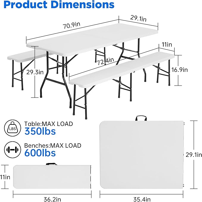 6 FT White Picnic Folding Table Set with 2 Benches, Portable Patio Dining Sets for Backyard, Lawn, Event, Party, Camping