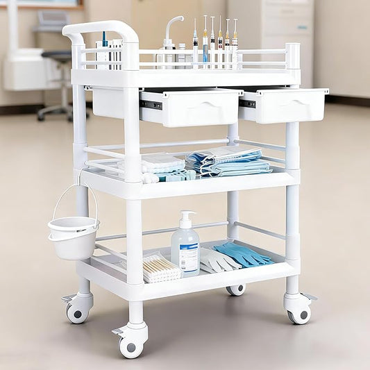 3 Tiers Medical Carts with 4 Wheels, Heavy Duty 330LBS Rolling Utility Cart with 2 Drawers, Trash Cans & Dirt Buckets, Medical Mobile Trolley Cart for Dental Clinics, Hospital and Beauty Salon