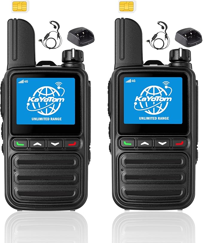 KAYOTOM Lifetime Free Global Walkie Talkies Unlimited Range PTT Push-to-Talk Over Cellular Nationwide 5000 Miles POC 4G Handheld Long Range Two Way Radio for Team (Charging Dock & Earphones, 2-Packs)