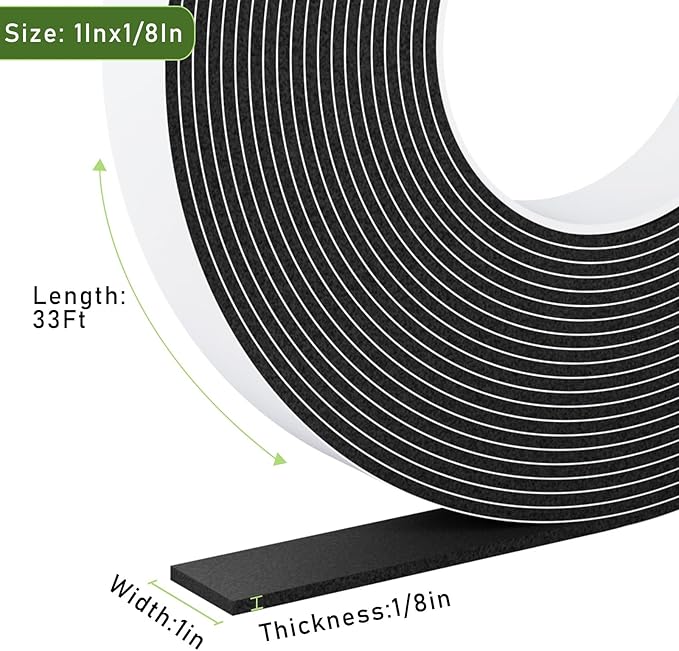 Weather Stripping Door Seal Black,1Inch Wide X 1/8 Inch Thick,Air Conditioner Window Seal,Self Adhesive Foam Tape High Density Foam Sealing Strip,Door Soundproof Tape Roll,Total 33 Feet Long