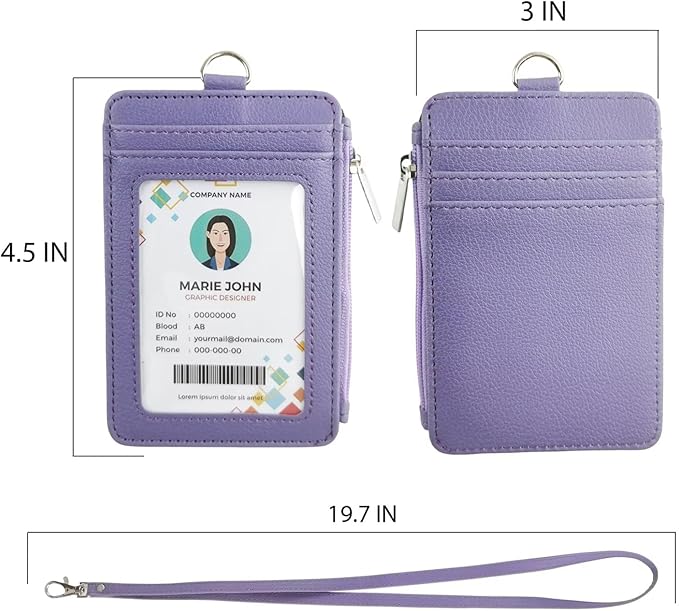 bolimoss Purple Badge Holder with Side Zip Pocket,Cute Women Lanyard Wallets, Multiple Card Slots Leather ID Holder Wallet with Neck Lanyard for Nurse,School Teachers/Students, Couriers, Worker