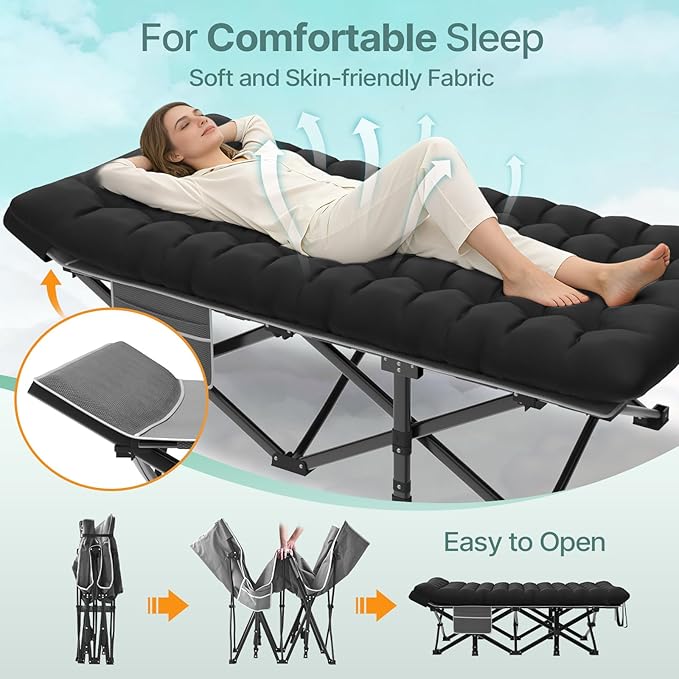 Suteck 32In XXL Folding Camping Cot, 900LBS Heavy Duty Sleeping Cot with Pillow Mattress, 1200D Double-Layer Oxford Portable Cot for Adults with Carry Bag for Home Office Nap Beach Travel