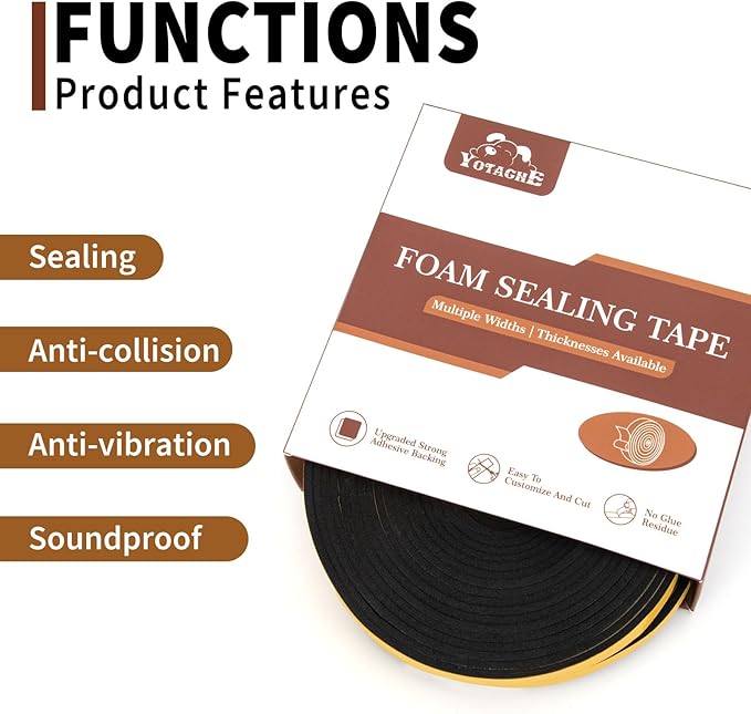 Yotache Weather Stripping 2 Rolls 1" W X 1/8" T (New Adhesive Craft), Neoprene Foam Weatherstrip Tape for Automotive, 33 Ft Length (2 X 16.5 Ft Each)