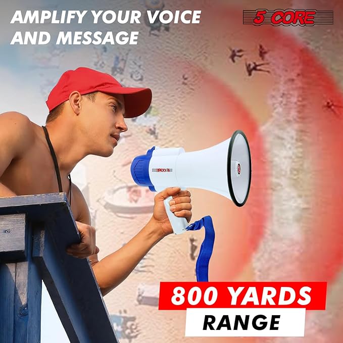 5 CORE Megaphone 30W Bull Horn PA Speaker w 800 Yards Range Loud Siren Voice Amplifier Lightweight Portable Megafono for Outdoor Sports Cheerleading and Coaches (8R-USB-WB)