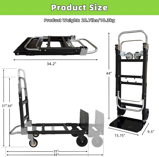 3 in 1 Folding Hand Truck, 600Lbs Capacity, Heavy Duty Collapsible Cart with Retractable Handle and 4 Rubber Wheels, Moving Dolly for Moving Home, Office, Food Service, Shopping Mall, Warehouse