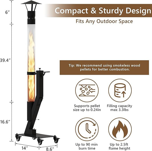 Patio Heater with Clean Ash System, Portable Wood Pellet Patio Heater - Rocket Stove & Glass Tube Outdoor Fire Pit for Backyard, Camping, Deck, Garden, All Seasons