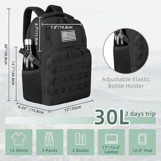 Military Tactical Backpack for Travel Hiking,Black Backpack for Men with Bottle Holder, 30L Small Laptop Backpack for Work, Men's Assault Bag Back Pack