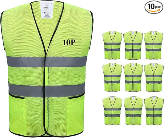 Safety Vests 10 Pack with Pockets,High Visibility Reflective Construction ANSI Class 2 Yellow Work Vests for Men,Woman,Hi Vis and Neon Mesh