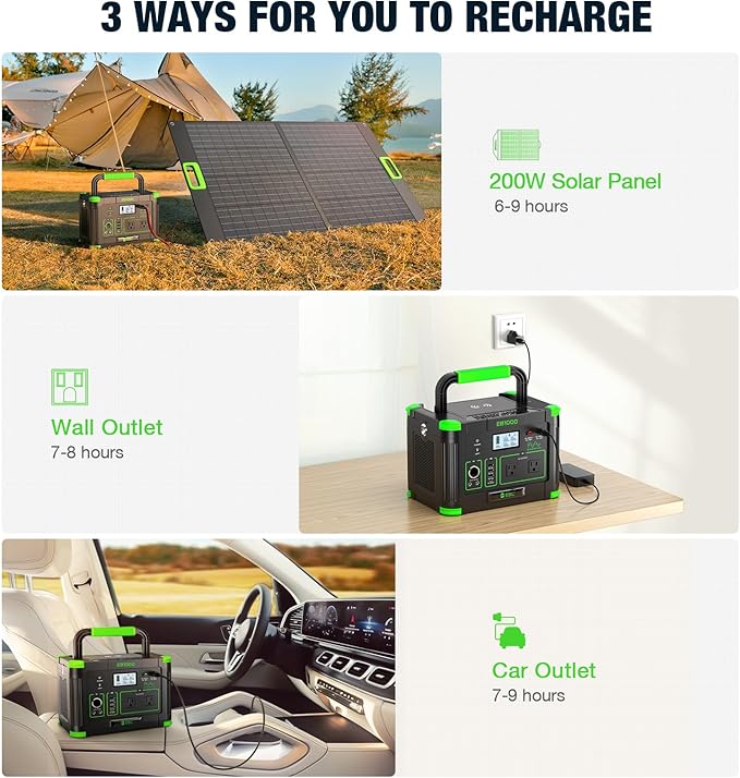 Solar Generator 1000W (Peak 2000W), EBL 999Wh Portable Power Station, 110V Pure Sine Wave AC Outlet with PD 60W USB-C Fast Charging, Outdoor Camping RV Van Home Backup Off-Grid Living