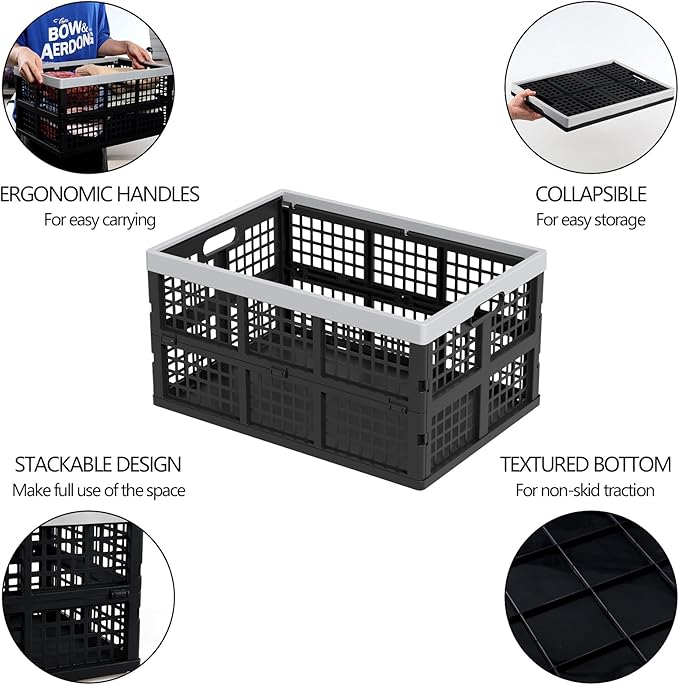 Plastic Collapsible Milk Crates, Collapsible Storage Bins, Foldable Baskets, 42 Liters, Pack of 4 in Black