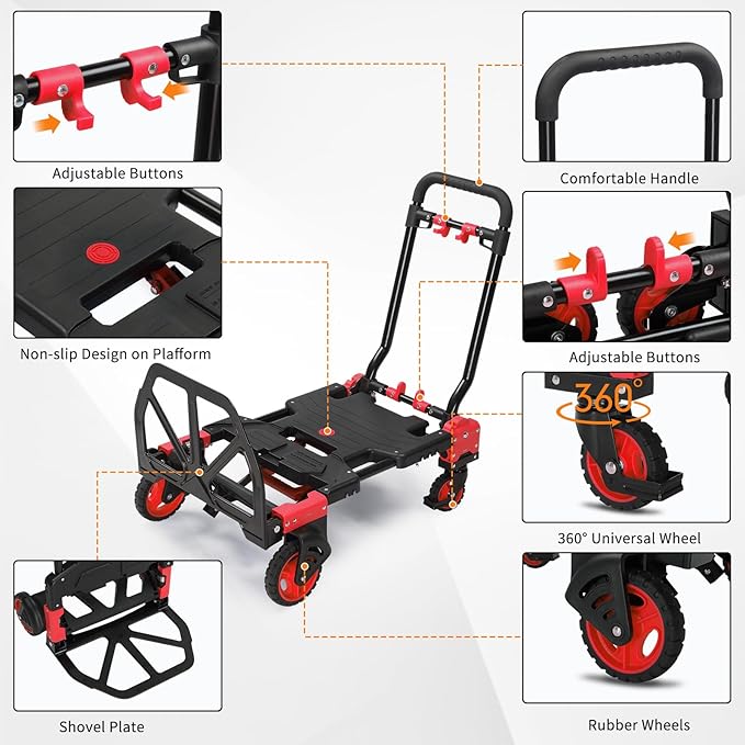 TUFFIOM Folding Hand Truck, Dolly Cart 330 lbs Capacity 2-in-1, Foldable Hand Truck with Retractable Handle and 4 Rubber Wheels, Hand Cart Dolly for Shoping, Office, Travel, Moving
