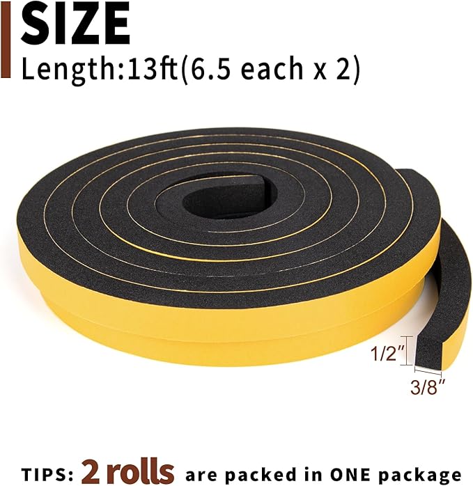 Yotache Foam Tape Weather Stripping for Door 2 Rolls 1/2" W X 3/8" T (New Adhesive Craft), High Density Closed Cell Adhesive Weather Seal Strip Black, 13 Ft Length (2 X 6.5 Ft Each)