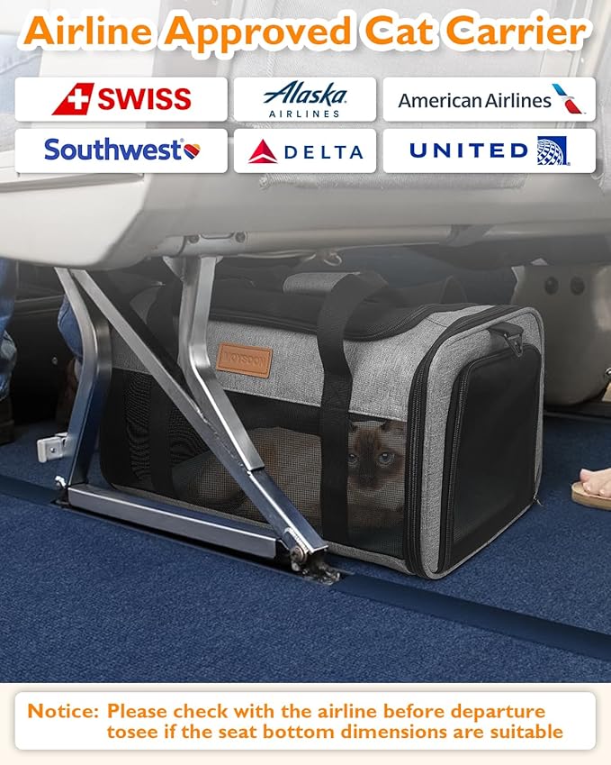 PETUX TSA Approved Pet Carrier in Cabin - 17"x11"x9.5", Underseat, Soft Sided Cat Carriers with Safety Zippers and Anti-Scratch Mesh for Small Cat up to 12 lb, Ideal for Travel and Vet Visit, Grey