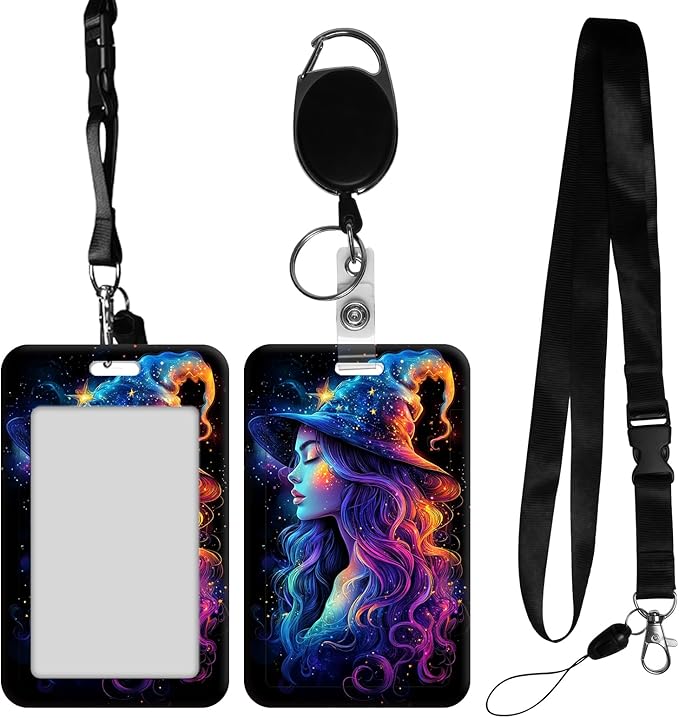 ID Badge Holder with Retractable Lanyard for Women & Men,Vertical ID Card Holder Wallet,Clear Window&Card Slot,Detachable Neck Strap for Nurse Teacher Office,Star Witch Galaxy
