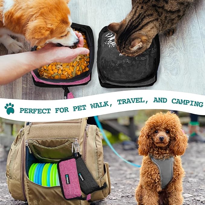 PetAmi Collapsible Dog Bowls 2 Pack, Food and Water Bowls Travel Set, Portable Pet Dish No Spill, Foldable Lightweight BPA Free Leakproof Bowls, Camping Hiking Walking Outdoor Gear Accessories, Pink
