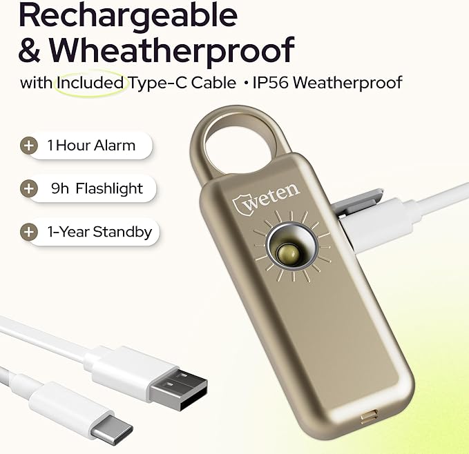 Weten Personal Safety Alarm Keychain – 130dB Siren with Bottom Speaker, LED Light, Wristlet & Carabiner Clip – Weatherproof Self Defense Alarm with Low Battery Alert (Gold Satin)
