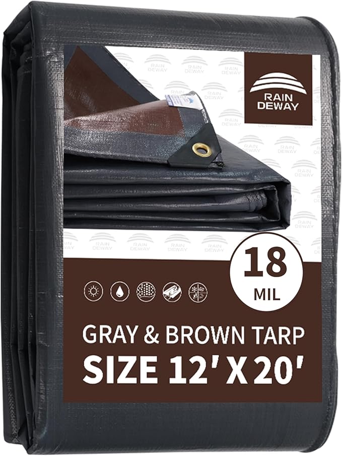 RAINDEWAY 12x20 Feet Super Heavy Duty Tarp 18 Mil, UV Resistant, Weatherproof, Multipurpose Waterproof Poly Tarp with Grommets and Reinforced Edges, Brown/Gray Tarps