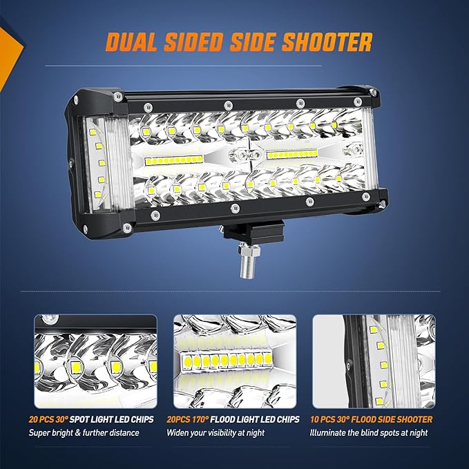 Nilight Side Shooter Light Bar 7 Inch Triple Row Spot Flood Combo Work Off Road Lighting on Truck SUV ATV UTV