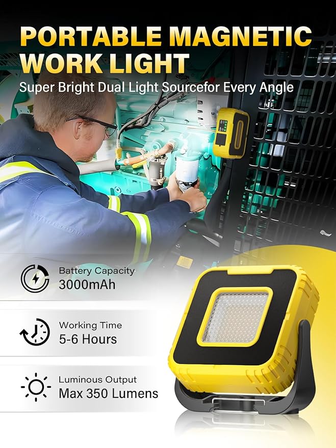 COPPA Work Lights, Portable Working Light 3000mAh Rechargeable 6 Light Modes & Brightness Adjustable Cordless LED Work Lamp with Magnetic for Camping Garage Repair Hiking