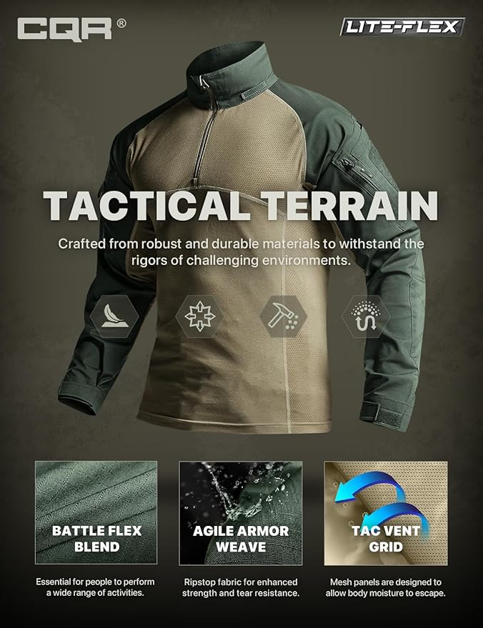 CQR Men's Combat Shirt Tactical 1/4 Zip Long Sleeve Military BDU Shirts Camo EDC Top with Pockets