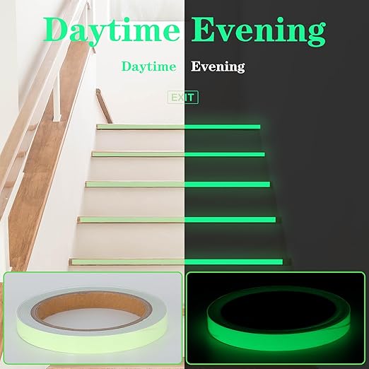 Glow in The Dark Tape, 0.5Inch x 33FT High Adhesion Waterproof Fluorescent Safety Tape, Luminescent Emergency Roll Safety Egress Markers for Stairs Bikes Outdoor Gear Walls Exit Sign Halloween DIY