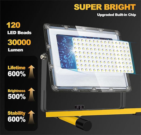 30000 Lumen LED Work Lights with Stand - 3 Head Portable Work Light with Tripod - IP65 Waterproof Tripod Work Lights for Outdoor Indoor Job Site Workshop Garage Construction Site Lighting