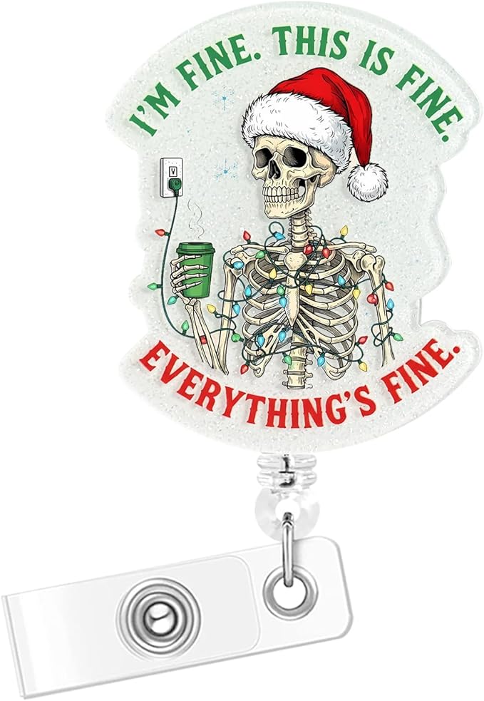 Badge Clips Retractable, Christmas Skeleton Badge Reel with Alligator Clip, Glitter Acrylic Id Badge Holder for Nurse, RN, LPN, CNA (Christmas)