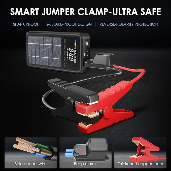 JIYHF 3000A Jump Starter with Air Compressor 150PSI Tire Inflator-12V Battery 8.0L Gasoline and 6.0L Diesel Engines, Portable Car Battery Jump Starter with Solar Panel and PD 45W Fast Charge (Gray)