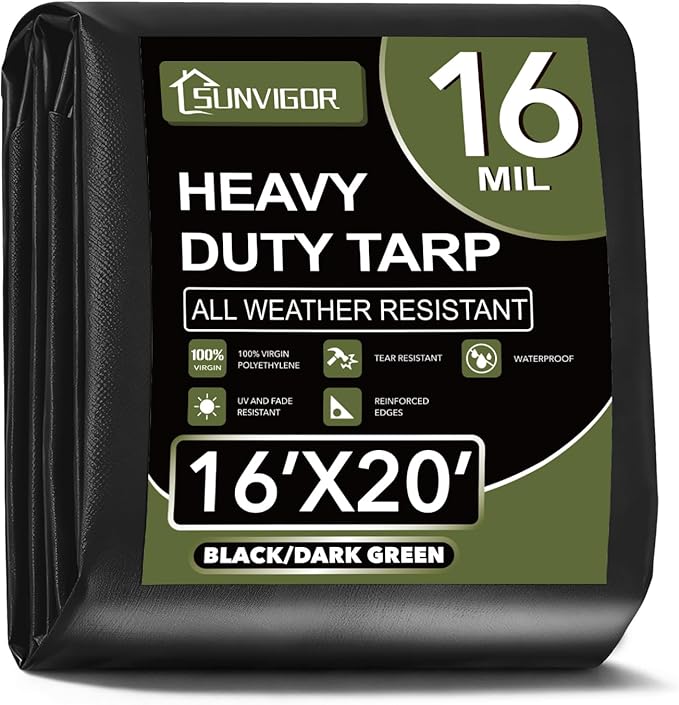 Sunvigor Tarp Waterproof 16x20Ft, Extra Thick 16 Mil Heavy Duty Tarp Cover, Tear & Fade Resistant, Outdoor Tarps with Brass Grommets and Reinforced Edges for Roof, Camping, Patio, Boat (Black/Green)