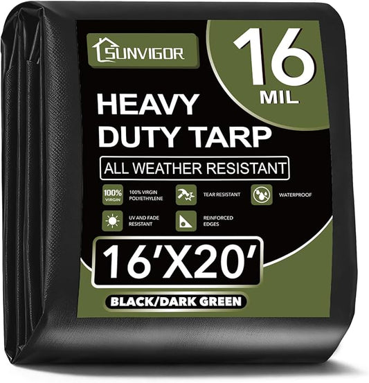 Sunvigor Tarp Waterproof 16x20Ft, Extra Thick 16 Mil Heavy Duty Tarp Cover, Tear & Fade Resistant, Outdoor Tarps with Brass Grommets and Reinforced Edges for Roof, Camping, Patio, Boat (Black/Green)