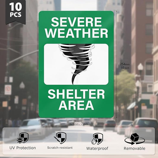 10 PCS Severe Weather Shelter Area Sign 10 × 7 Inches Vinyl Emergency Security Stickers Waterproof Self Adhesive Fade Resistant Signage for Indoor Outdoor Use