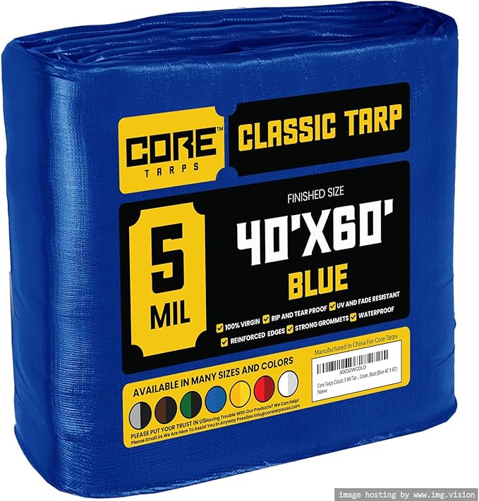 Core Tarps Classic 5 Mil Tarp Cover, Waterproof, UV Resistant, Rip and Tear Proof, Poly Tarpaulin with Reinforced Edges for Roof, Camping, Patio, Pool Cover, Boat (Blue 40′ X 60′)