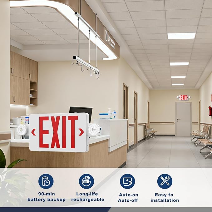 Exit Sign with Emergency Lights,LED Emergency Exit Light with Battery Backup,AC 120/277V, Commercial Emergency Lights Combo for Business Wall Or Ceiling Mount ETL Listed 1 Pack