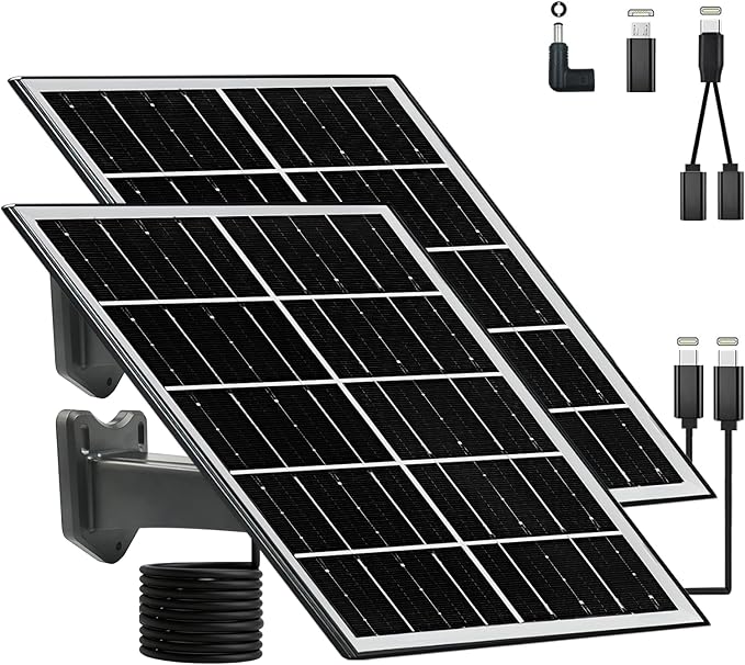 8W 5V Solar Panels for Security Cameras Type-C Micro USB DC Port Portable Charger Set 5 Volt 8 Watt High Efficiency Solar Panel for Cellphone Fan Power Bank 2 Pack Black