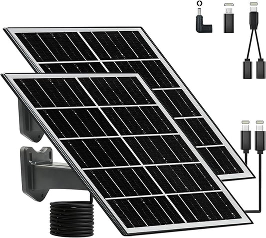 8W 5V Solar Panels for Security Cameras Type-C Micro USB DC Port Portable Charger Set 5 Volt 8 Watt High Efficiency Solar Panel for Cellphone Fan Power Bank 2 Pack Black