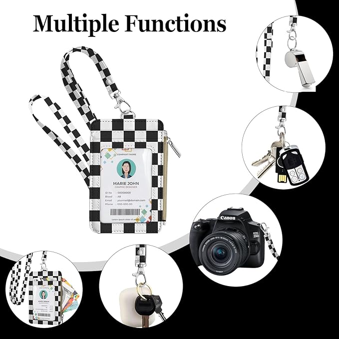 bolimoss Checkered Lanyard Wallet, Teacher Lanyard with ID Holder Small Keychain Wallet Pu Leather Slim Credit Card Holder with Breakaway Neck Strap for Key Name Tag