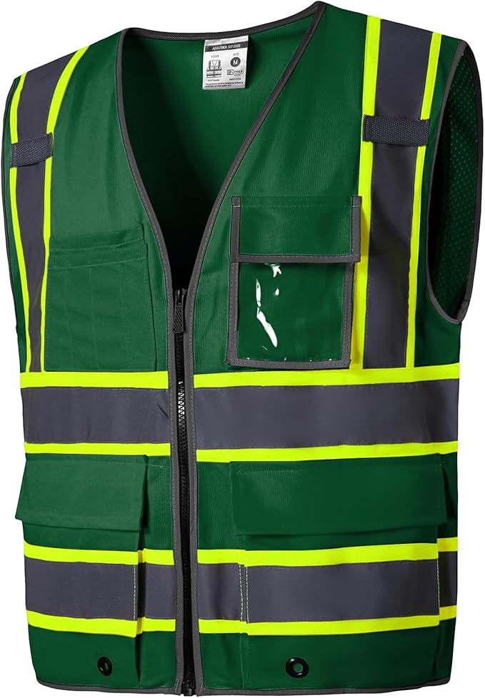 SKSAFETY 10 Pockets Safety Vest, Class 2 High Visibility Security with Zipper, Hi Vis Vest with Reflective Strips, ANSI/ISEA Standard, Construction Work Vest for Men ＆ Women （Green,M）