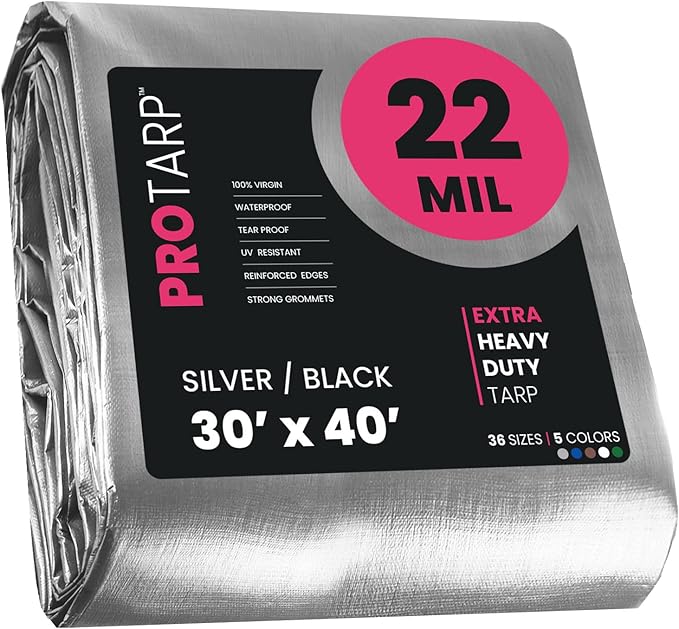 PROTARP Extreme Heavy Duty 22 Mil Tarp Cover, Waterproof, UV Resistant, Rip and Tear Proof, Poly Tarpaulin with Reinforced Edges for Roof, Camping, Patio, Pool, Boat. (Silver/Black 30′ X 40′)