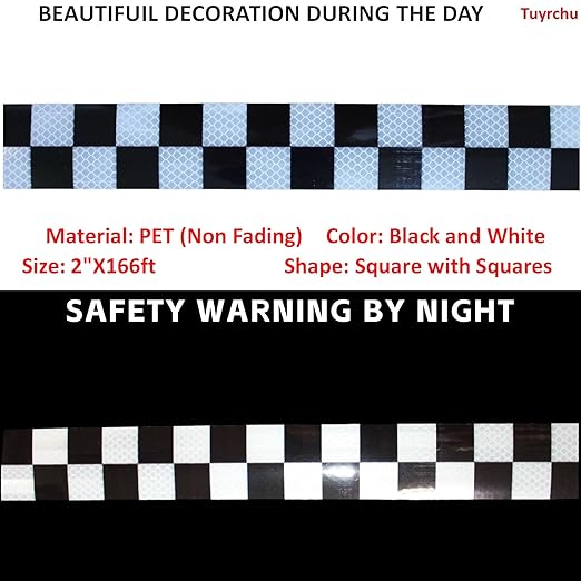 Reflective Tape Black and White 2 inch Wide for Cars, Outdoor Waterproof High Visibility Safety Warning Adhesive Strips (166 feet)