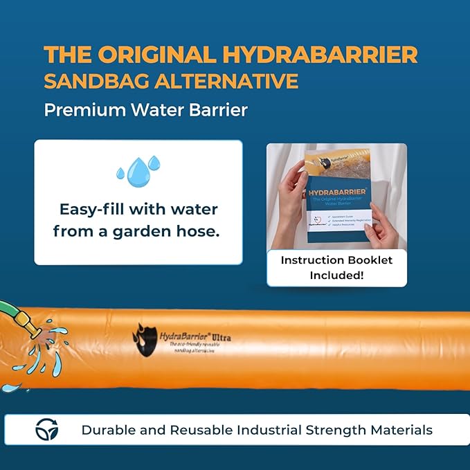 The Original HydraBarrier Ultra Flood Barrier – 6 ft Long x 6 in High – Light, Reusable Sandbag Alternative – Flood Control & Diversion Tube for Home, Garage, Door & Property Protection