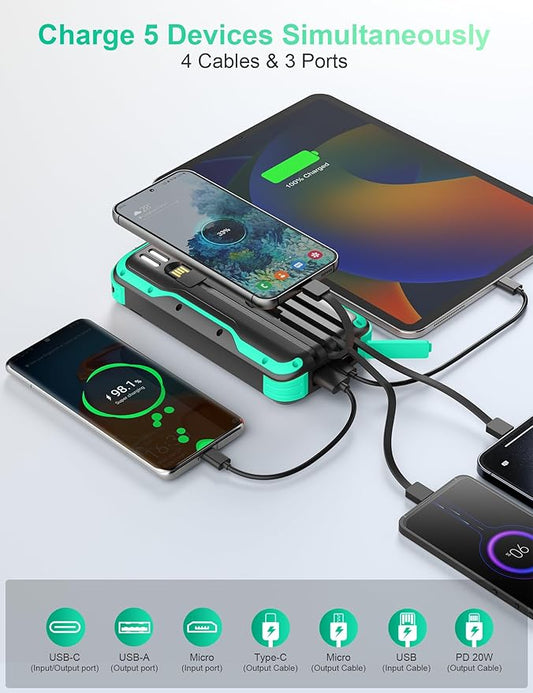 Solar Charger Power Bank, PD 20W Fast Charging External Batter, 40000mAh Portable Phone Charger Built in 4 Cables with Dual Bright Flashlights for Camping, Hiking, and Outdoor Use（Green）