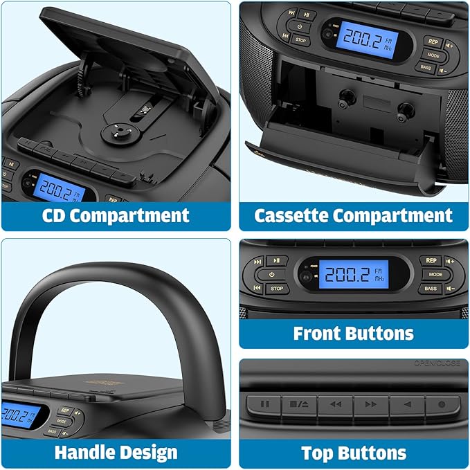 CD Cassette Player Combo, Hernpark Rechargeable Boombox with Bluetooth 5.1, Tape Recording, FM Radio, Super Bass, Stereo Sound, Aux/USB Drive, Headphones Jack, Boom Box for Indoor Outdoor
