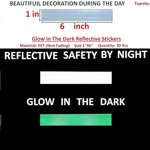 Glow in The Dark Reflective Stickers 1 inch X 6 inch for Bikes, Outdoor Waterproof High Visibility Reflector (30 Pcs)