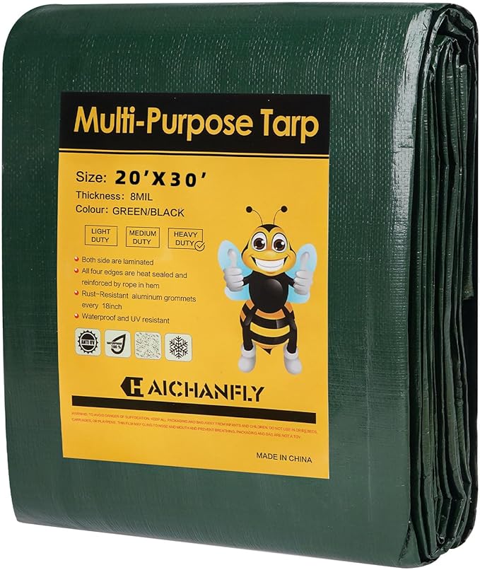 Heavy Duty Double-Sided Waterproof Poly Tarp 20x30 Feet 8mil Thick Polyethylene Tarps, Perfect for Outdoor Use, Plastic Cover & Mat for Tent Camping Storage Boat Bikes Vehicles