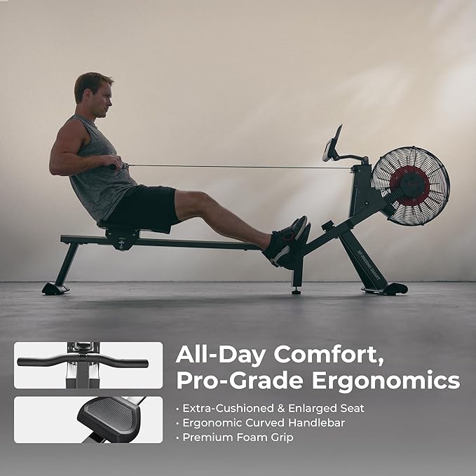 Sunny Health & Fitness Premium Smart Air & Magnetic Resistance Rowing Machine, Foldable Long Silding Rail Exercise Rower for Home Training, Optional Free SunnyFit App Connection