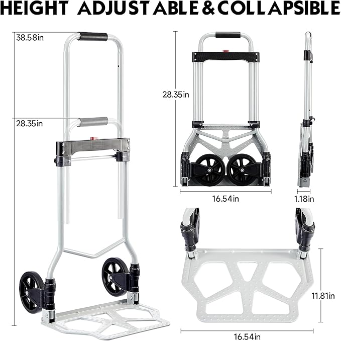 Folding Hand Truck Dolly Cart Portable Foldable Aluminum Luggage Cart Trolley Cart Black Load 260 lbs, with Black Bungee Cord, Telescoping Handle,Solid Aluminium Wheel suspensions, Double Bearings
