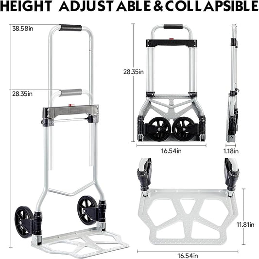 Folding Hand Truck Dolly Cart Portable Foldable Aluminum Luggage Cart Trolley Cart Black Load 260 lbs, with Black Bungee Cord, Telescoping Handle,Solid Aluminium Wheel suspensions, Double Bearings