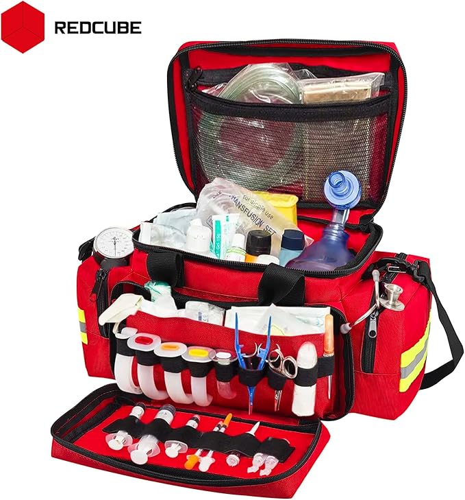 REDCUBE Emergency Bag - First Aid Bags Empty - First Responder Bag for Trauma, Professional Multiple Compartment Kit Carrier For Emergency Medical Supplies (Red)