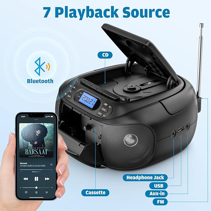 CD Cassette Player Combo, Hernpark Rechargeable Boombox with Bluetooth 5.1, Tape Recording, FM Radio, Super Bass, Stereo Sound, Aux/USB Drive, Headphones Jack, Boom Box for Indoor Outdoor